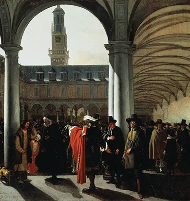 A painting shows a crowd of seventeenth-century merchants and brokers gathered in the courtyard of Amsterdam’s Exchange, a large building with columns and archways.
