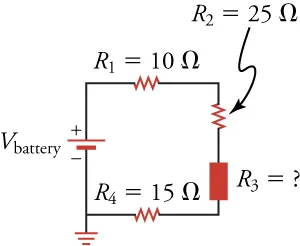 A circuit diagram shows a battery and four resistors; only the resistances of three of the resistors are given.
