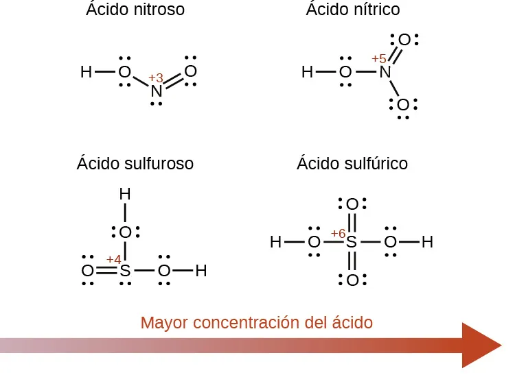 Se muestra un diagrama que incluye cuatro fórmulas estructurales de ácidos. Debajo de las estructuras se ha colocado una flecha roja que apunta a la derecha y que está etiquetada como "Aumento de la fuerza del ácido". En la parte superior izquierda, se proporciona la estructura del ácido nitroso. Incluye un átomo de H al que se une un átomo de O con dos pares de electrones no compartidos con un enlace simple a la derecha. Un enlace simple se extiende a la derecha y ligeramente por debajo hasta un átomo de N con un par de electrones no compartido. Un doble enlace se extiende hacia arriba y hacia la derecha desde este átomo de N hasta un átomo de O que tiene dos pares de electrones no compartidos. Arriba a la derecha hay una estructura para el ácido nítrico. Esta estructura difiere de la anterior en que el átomo de N está directamente a la derecha del primer átomo de O y un segundo átomo de O con tres pares de electrones no compartidos está conectado con un enlace simple por debajo y a la derecha del átomo de N que no tiene pares de electrones no compartidos. En la parte inferior izquierda, un átomo de O con dos pares de electrones no compartidos tiene un doble enlace a su derecha con un átomo de S con un único par de electrones no compartido. Un átomo de O con dos pares de electrones no compartidos tiene un enlace simple arriba y un átomo de H tiene un enlace simple con este átomo de O. A la derecha del átomo de S hay un enlace simple con otro átomo de O con dos pares de electrones no compartidos que a su vez tiene un enlace simple con un átomo de H a la derecha. Esta estructura está etiquetada como "ácido sulfuroso". En la región inferior derecha de la figura se ha colocado una estructura similar que se ha etiquetado como "ácido sulfúrico". Esta estructura difiere en que un átomo de H tiene un enlace simple a la izquierda del primer átomo de O, dejándolo con dos pares de electrones no compartidos y un cuarto átomo de O con dos pares de electrones no compartidos tiene un doble enlace debajo del átomo de S, dejándolo sin pares de electrones no compartidos.