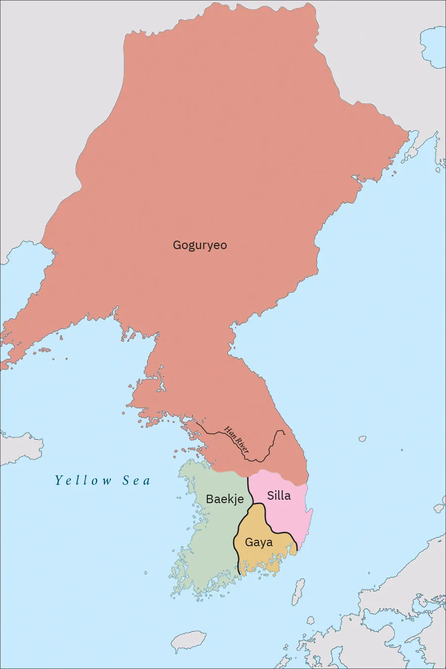 A map of the Korean Peninsula. The Yellow Sea is labeled. A large section of land in the north is highlighted orange and labelled “Goguryeo.” In the south are three smaller areas labelled: Baekje (green), Silla (pink) and Gaya (yellow). The Han River is labelled and in Goguryeo.