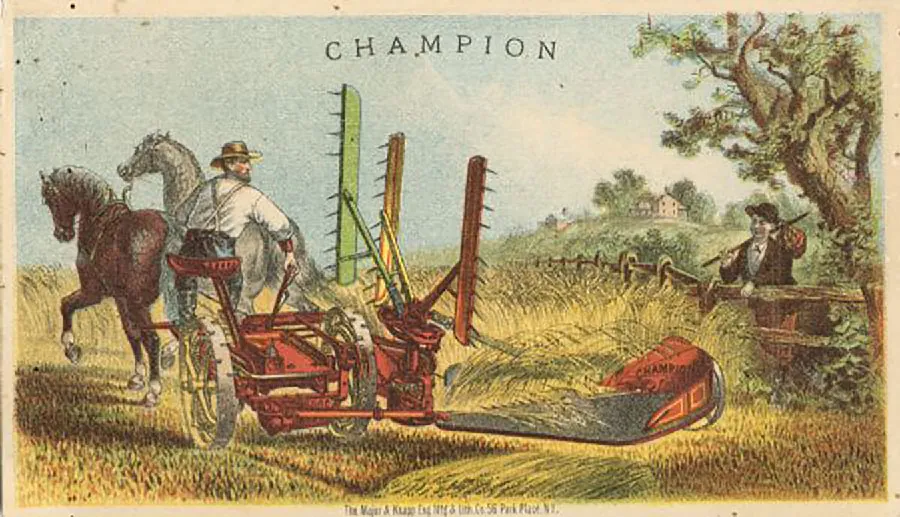 This image shows a farmer harvesting grain with a mechanical reaper which is pulled by two horses. A second man watches while leaning on a fence nearby.