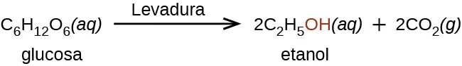 Esta figura muestra la reacción de la glucosa para producir etanol y C O subíndice 2. La reacción muestra C subíndice 6 H subíndice 12 O subíndice 6 ( a q ) flecha marcada como "levadura" 2 C subíndice 2 H subíndice 5 O H (a q) más 2 C O subíndice 2 ( g ). El O H en etanol se muestra en rojo.