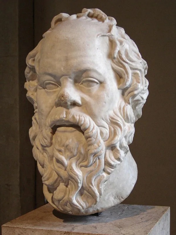 The white marble bust emphasizes the wrinkled forehead and receding hairline of Socrates with a pug nose, curly locks, and a full beard.