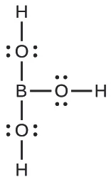 This Lewis structure is composed of a boron atom that is single bonded to three oxygen atoms, each of which has two lone pairs of electrons. Each oxygen atom is single bonded to a hydrogen atom.