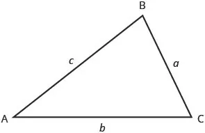 A triangle with vertices A, B, and C. The sides opposite these vertices are marked a, b, and c, respectively.