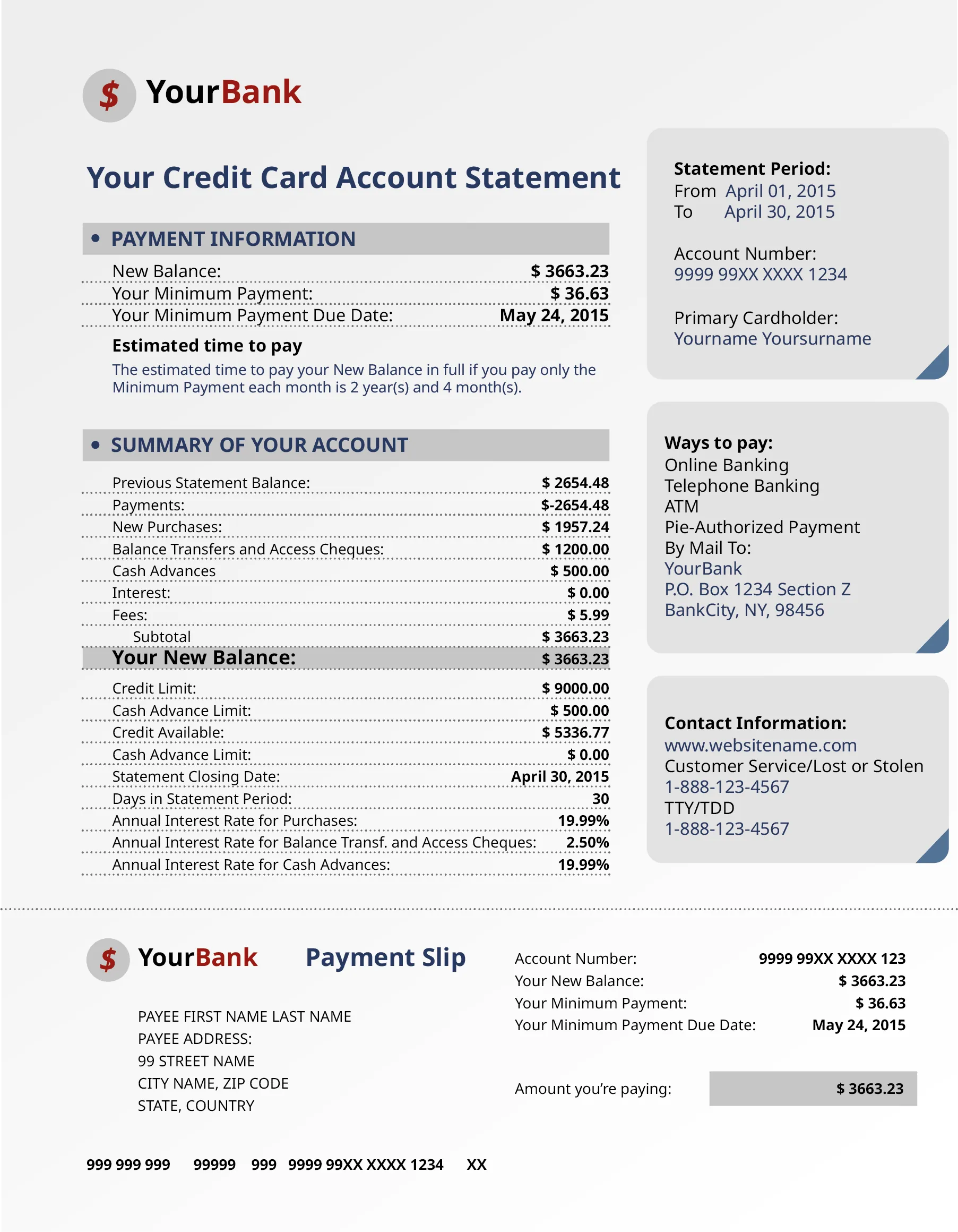 A snapshot of a bank statement of an account holder. The statement consists of payment information, a summary of the account, and new balance details. The statement period is from April 01, 2015, to April 30, 2015.