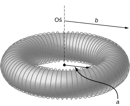 Rysunek przedstawia torus o promieniu wewnętrznym a i zewnętrznym b. Na torusie nawinięty jest równomiernie cienki drut.