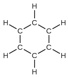 A Lewis structure shows a hexagonal ring composed of six carbon atoms. They form single bonds to each another and single bonds to one hydrogen atom each.