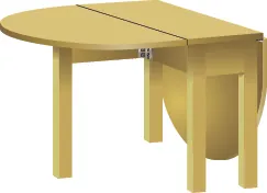 An image of a table is shown. There is a rectangular portion attached to a semi-circular portion. There is another semi-circular leaf folded down on the other side of the rectangle.