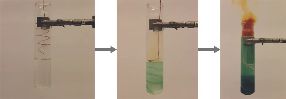 Three photos are shown and connected by right-facing arrows. The left image shows a test tube in a clamp that holds a colorless solution and a wire held above it. The middle image shows a test tube in a clamp that holds a wire submerged in a pale green liquid and emitting a light brown gas. The right image shows a test tube in a clamp that holds a wire submerged in a dark green liquid and emitting a brown gas.