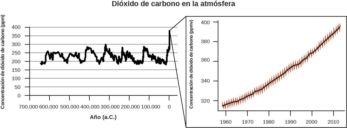 Esta figura tiene el título "Dióxido de carbono en la atmósfera". El primer gráfico tiene una marca de eje horizontal "Año ( B C )" y una marca de eje vertical "Concentración de dióxido de carbono ( p p m )". Las etiquetas del eje horizontal comienzan en 700.000 a la izquierda y aumentan en múltiplos de 100.000 hasta 0 a la derecha. El eje vertical comienza en 0 y aumenta en múltiplos de 50 hasta 400. Se muestra un patrón cíclico irregular que comienza antes de los 600.000 años B C a menos de 200 p p m. Los valores de 0 B C parecen variar cíclicamente hasta un máximo de unos 300 p p m. Extendiéndose más allá de 0 B C a la derecha, la concentración de dióxido de carbono parece estar en constante aumento, alcanzando casi 400 p p m en los últimos años. El segundo gráfico se muestra para ampliar la parte del gráfico más reciente. Este gráfico comienza justo antes del año 1960 y tiene marcas para múltiplos de 10 hasta el año 2010. El eje vertical comienza justo por debajo de 320 p p m e incluye marcas para todos los múltiplos de 20 hasta 400 p p m. Se muestra una línea negra suave que se extiende a través de un patrón de datos rojo irregular. La tendencia es un aumento constante y casi lineal desde la parte inferior izquierda hasta la superior derecha del gráfico.
