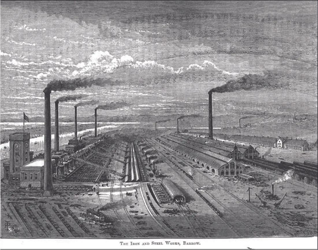 An image shows five long rows of buildings. Smokestacks project throughout the image, some coming out of the buildings and some standing alone, black smoke pouring out of all of them. The building on the left has some taller sections with a tall tower standing at the forefront. A flag waves at the top. Tall round containers run down the length of the building at the left with thin long projections coming off of them leading to triangular shaped items on the ground. To their right running all along them are small smokestacks in a long row with black smoke pouring out. To the right of that, two trains run in opposite directions along train tracks. Four more long buildings are shown at the right. At the forefront of the picture are shown small square objects, a rectangular shaped building, and various train tracks running in and out of the area. The background shows a river and clouds in the sky. The words “The Iron and Steel Works, Barrow.” are written across the bottom.