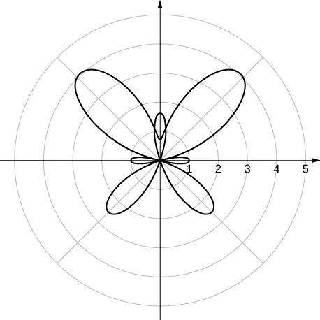 Una forma geométrica que se asemeja a una mariposa con alas más grandes en el primer y segundo cuadrante, alas más pequeñas en el tercer y cuarto cuadrante, un cuerpo a lo largo de la línea θ = π/2 y patas a lo largo de las líneas θ = 0 y π.