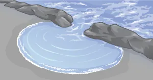 Drawing of ocean waves passing through a narrow gap in a reef. The waves form semicircular wavelets on the beach, which are centered on the gap in the reef.