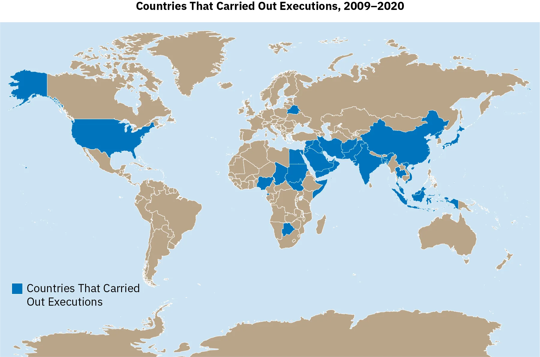 A world map shows all of the countries that carried out executions between 2009 and 2020. Most countries did not carry out executions during this timeframe.