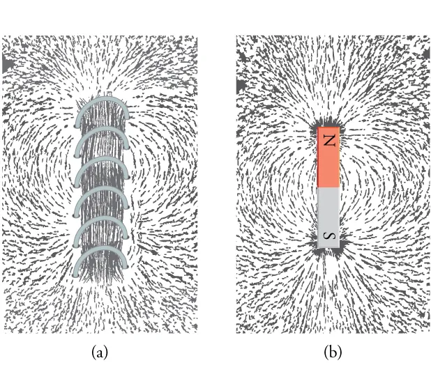 Part (a) shows iron filings around a solenoid; part (b) shows iron filings around a bar magnet.