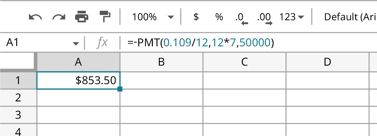A Google Sheet spreadsheet. The first-row cell reads $853.50 and the formula is mentioned as = minus p m t (0.109/12, 12*7, 50000).