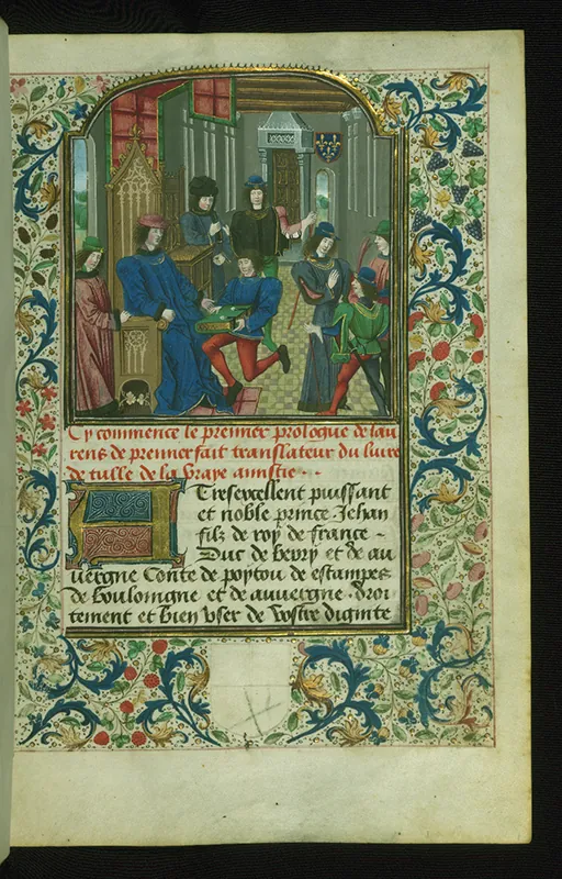 Page of an illuminated manuscript, with an image of several figures in an ornate hall, a panel of text, and decorative scrolls and flowers.