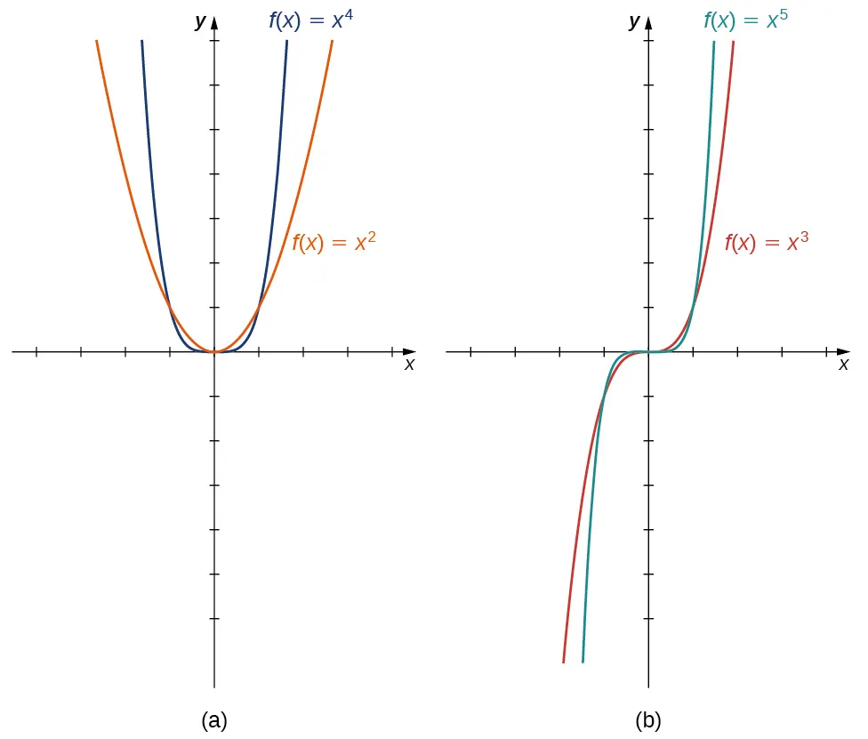 Imagen de dos gráficos. Ambos gráficos tienen un eje x que va de –4 a 4 y un eje y que va de –6 a 7. El primer gráfico está marcado como "a" y es de dos funciones. La primera función es "f(x) = x a la 4.ª" , que es una parábola que disminuye hasta el origen y vuelve a aumentar después del origen. La segunda función es "f(x) = x al cuadrado", que es una parábola que disminuye hasta el origen y vuelve a aumentar después del origen, pero aumenta y disminuye a un ritmo más lento que la primera función. El segundo gráfico está marcado como "b" y es de dos funciones. La primera función es "f(x) = x a la 5ª", que es una función curva que aumenta hasta el origen, se iguala en el origen y vuelve a aumentar después del origen. La segunda función es "f(x) = x al cubo", que es una función curva que aumenta hasta el origen, se iguala en el origen y vuelve a aumentar después del origen, pero aumenta a un ritmo más lento que la primera función.