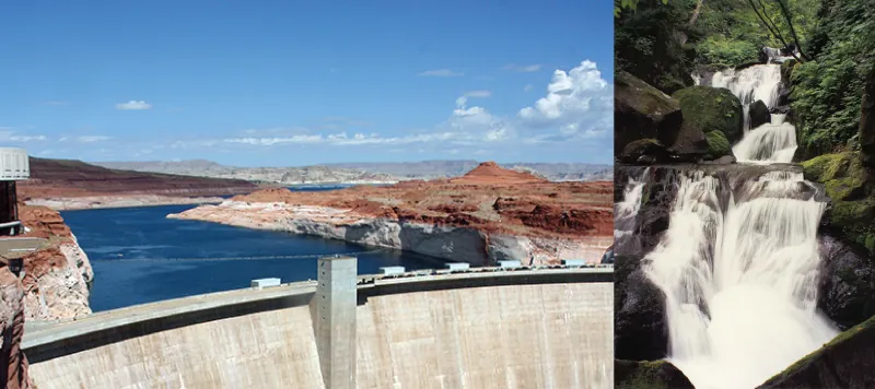 The photo on the left shows a river that is blocked by a giant cement wall, called a dam. The photo on the right shows a waterfall.
