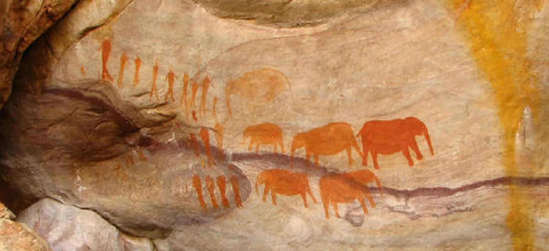 A photograph is shown of a curved, bumpy rock, cracked in some places, in various shades of brown and orange that fills the whole picture. On the rock are orange drawings and markings. On the left side there are about twenty drawings of people of various heights, drawn in rows. The people have heads and legs and some have arms, but otherwise show no details. On the right there are six elephants drawn in varying shades of orange. In the center of the image, a small elephant extends its trunk up. Other faded orange items are seen on the left.
