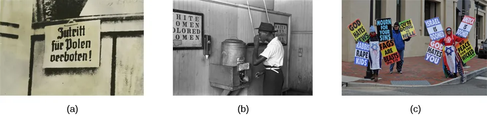 Photograph A shows a sign written in German. Photograph B shows a man drinking at a drinking fountain. Photograph C shows two people holding signs with hate messages.