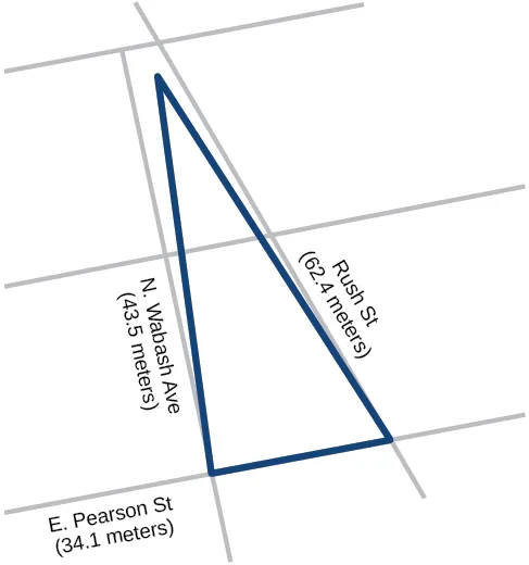 A triangle formed by sides Rush Street, N. Wabash Ave, and E. Pearson Street with lengths 62.4, 43.5, and 34.1, respectively. 