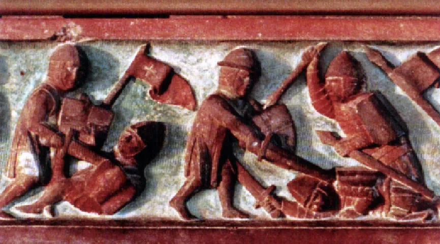 A red colored, raised carving is shown on a gray background. A red strip is seen across the top and bottom with a scene displayed in the middle. At the left, a soldier in full armor holding a flag with a cross on it is seen standing over a figure in a helmet falling to the ground. No facial details are shown. The next scene shows two soldiers in full armor with swords, shields, and sticks fighting with each other while a soldier in full armor lays on the ground them holding a sword upright. A flag is seen at the far right.