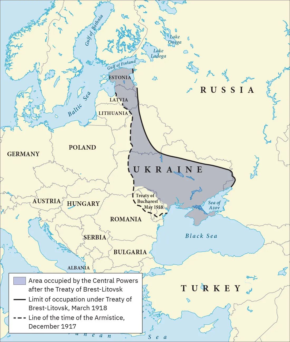This is a map of Europe showing the territory impacted by the Central Powers after the Treaty of Brest-Litovsk. A line is labeled Limit of occupation under Treaty of Brest-Litovsk, March 1918. It runs from the eastern border of Estonia, going south and then turning east to cut through Ukraine and wrap around it to end at the Sea of Azov. Another line is labeled Line of the time of the Armistice, December 1917. It starts at the Baltic Sea, runs through the middle of Latvia, heading south and bulging out before ending at the Black Sea. Most of the area in between these two lines is shaded and labeled Area occupied by the Central Powers after the Treaty of Brest-Litovsk. The southwestern corner of the area is not shaded and labeled Treaty of Bucharest May 1918.