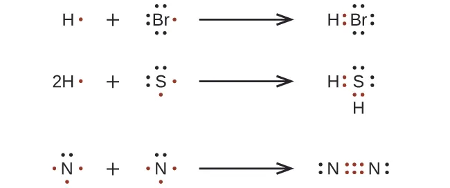 Three reactions are shown with Lewis dot diagrams. The first shows a hydrogen with one red dot, a plus sign and a bromine with seven dots, one of which is red, connected by a right-facing arrow to a hydrogen and bromine with a pair of red dots in between them. There are also three lone pairs on the bromine. The second reaction shows a hydrogen with a coefficient of two and one red dot, a plus sign, and a sulfur atom with six dots, two of which are red, connected by a right facing arrow to two hydrogen atoms and one sulfur atom. There are two red dots in between the two hydrogen atoms and the sulfur atom. Both pairs of these dots are red. The sulfur atom also has two lone pairs of dots. The third reaction shows two nitrogen atoms each with five dots, three of which are red, separated by a plus sign, and connected by a right-facing arrow to two nitrogen atoms with six red electron dots in between one another. Each nitrogen atom also has one lone pair of electrons.