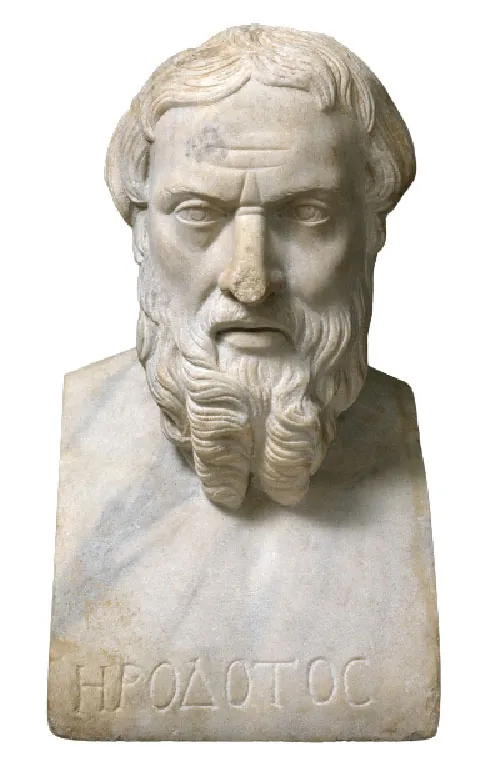 A picture of a marbled white, brown, and gray stone bust of a man is shown. He has wavy hair, a long wavy beard and large almond shaped eyes. His mouth is set in a grim expression and part of his nose has been broken off. Across the bottom of the bust the letters ”HPOΔOTOC” are carved.