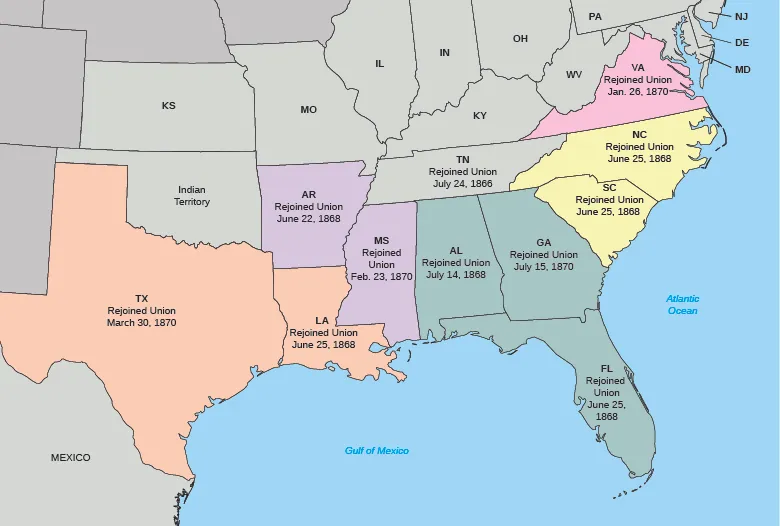 A map shows the five military districts established by the 1867 Military Reconstruction Act and the date each state rejoined the Union. Texas (Military District 5) rejoined the Union on March 30, 1870. Louisiana (Military District 5) rejoined the Union on June 25, 1868. Arkansas (Military District 4) rejoined the Union on June 22, 1868. Mississippi (Military District 4) rejoined the Union on February 23, 1870. Alabama (Military District 3) rejoined the Union on July 14, 1868. Georgia (Military District 3) rejoined the Union on July 15, 1870. Florida (Military District 3) rejoined the Union on June 25, 1868. Tennessee rejoined the Union on July 24, 1866. South Carolina (Military District 2) rejoined the Union on June 25, 1868. North Carolina (Military District 2) rejoined the Union on June 25, 1868. Virginia (Military District 1) rejoined the Union on January 26, 1870.