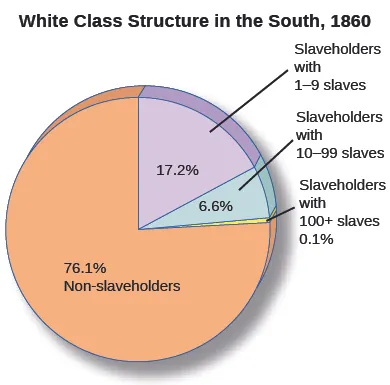 A pie chart entitled “White Class Structure in the South, 1860” shows percentages of non-slaveholders (76.1%), slaveholders with 1 to 9 enslaved people (17.2%), slaveholders with 10 to 99 enslaved people (6.6%), and slaveholders with more than 100 enslaved people (0.1%).