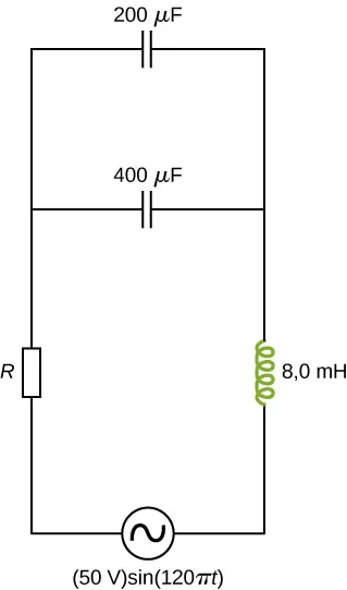 Rysunek przedstawia obwód ze źródłem AC 50 V, sinus 120 pi t. Jest on połączony do induktora 8 mH, kondensatora 400 mikrofaradów i opornika R. Inny kondensator jest połączony równolegle z pierwszym. Jego wartość to 200 mikrofaradów.