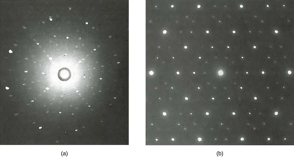La imagen A es una fotografía del patrón de difracción obtenido en la dispersión sobre un sólido cristalino con rayos X. La imagen B es una fotografía del patrón de difracción obtenido en la dispersión sobre un sólido cristalino con electrones. Ambas imágenes muestran manchas difractadas dispuestas simétricamente alrededor del haz central.