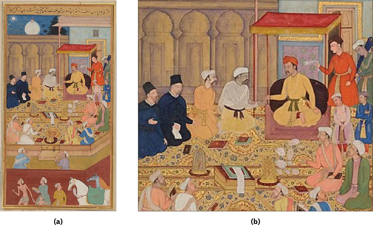 Painting (a) shows Emperor Akbar seated under a red canopy surrounded by religious officials. Painting (b) is a cropped version of image (a) which zooms in on Akbar and the religious officials sitting closest to him.