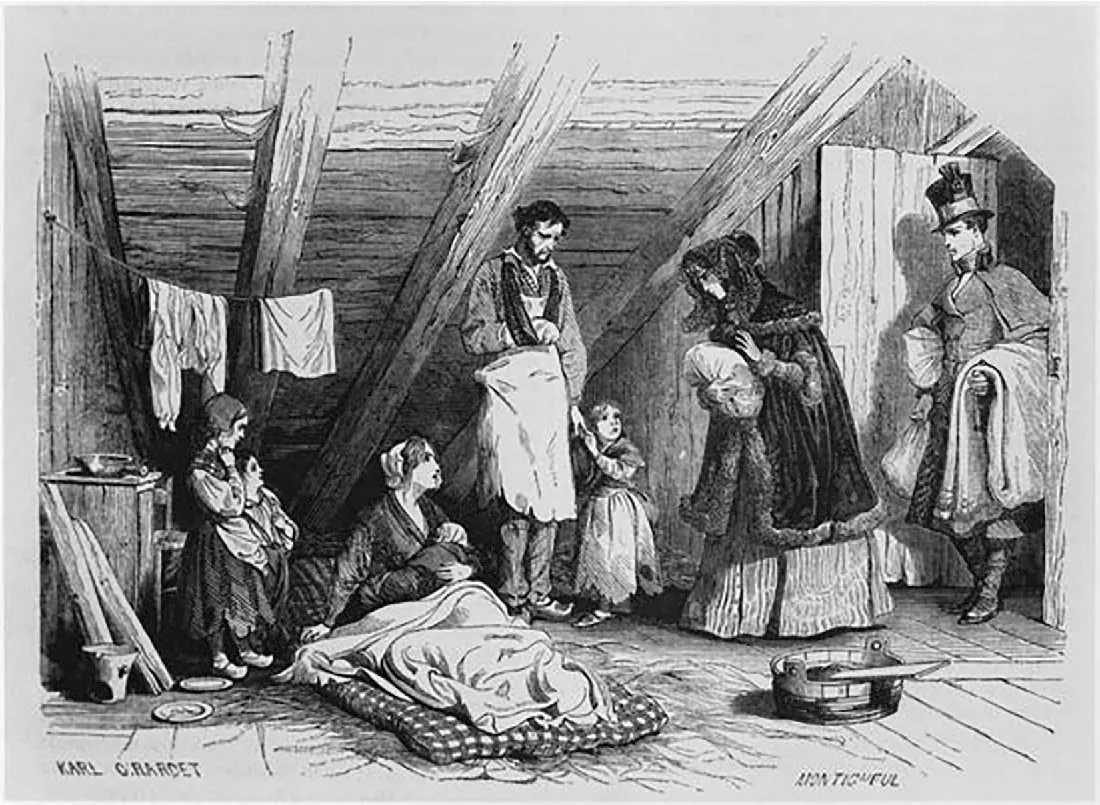 This picture shows a well-dressed couple bringing bundles to a poor family living in an attic. The poor man’s arm is in a sling. The woman lays on the floor. Four young children are near them. Laundry hangs from a clothesline.