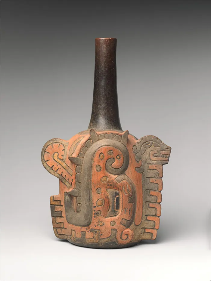 A photo of a piece of pottery. The top of the pot is black, thin, smooth, and tall. The bottom is orange and gray colored and is wider than the top and highly decorated with a section projecting out on each side. An image of a serpent shows on the pot with the head at the right, body in the middle, and tail at the left. The middle body parts are raised on the pot with the details of the body. The scales on the neck and a portion of the tail are carved out on the sides of the pot. The body shows scales and spots while the face profile shows an eye, teeth with a fang and nostrils.