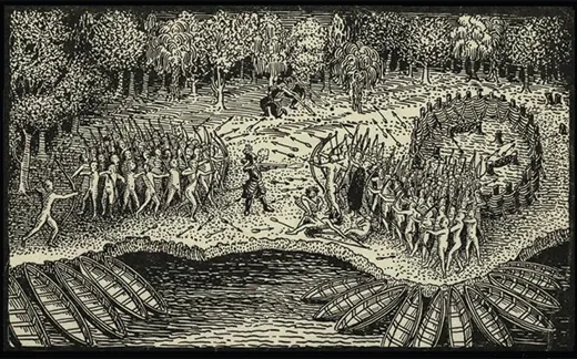 An engraving shows Samuel de Champlain fighting on the side of the Huron and Algonquins against the Iroquois. Champlain stands in the middle of the battle, firing a gun, while the Native Americans around him shoot arrows at each other.