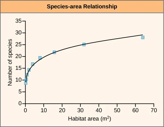  A graph plots the number of species present versus area in meters squared. The number of species present increases as a power function, such that the slope of the curve increases sharply at first, then more gradually as area increases.
