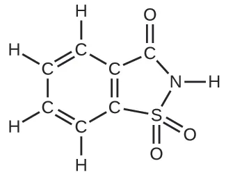 A structural formula is shown. A hexagonal ring of 6 C atoms with alternating double bonds has single H atoms bonded to four consecutive C atoms on the left side of the ring. The two C atoms on the right side of the ring, which are joined by a double bond, are also included in a 5 atom ring to their right. The C atom of this pair that is nearest the top of the structure is singly bonded to a C atom at the top of the 5 atom ring which has an O atom double bonded above. An N atom is singly bonded to the lower right of this same C atom. The N atom has an H atom bonded to its right and to its lower left, it is bonded to an S atom. The S atom is connected to the second C atom that is shared in the two rings. The S atom is also double bonded to an O atom to its lower right and is double bonded to a second O atom directly below it.