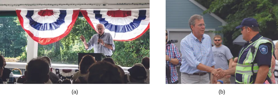 Image A is of Bernie Sanders speaking to a group of seated people. Image B is of John Ellis “Jeb” Bush shaking hands with another person.