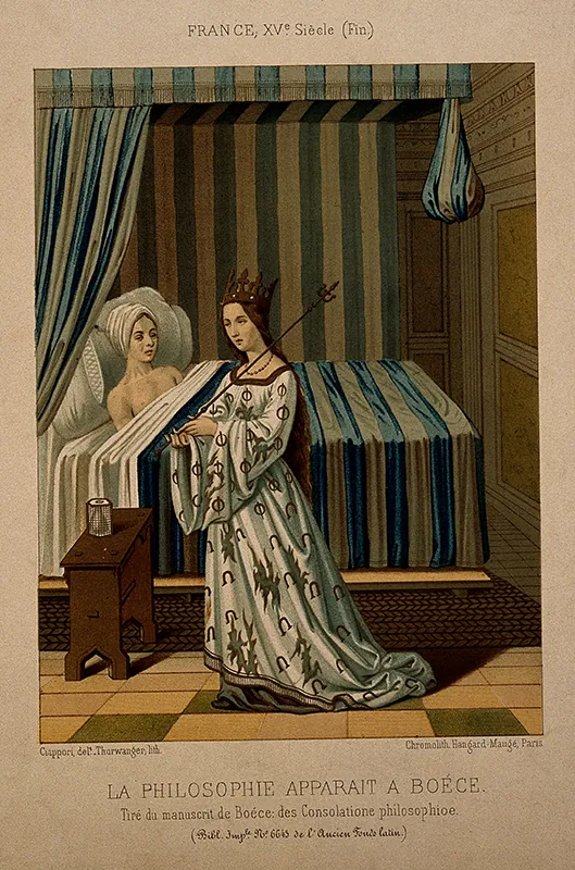 Page from a text displaying an image of a man in bed with a woman kneeling at his side.