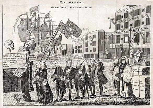A cartoon shows a funeral procession for the Stamp Act. Funeral-goers proceed toward a vault, above which two skulls labeled “1715” and “1745” are raised. Reverend William Scott leads a procession of politicians who had supported the act, while a dog urinates on his leg. George Grenville, pictured fourth in line, carries a small coffin. In the background is a dock, with ships labeled “Conway,” “Rockingham,” and “Grafton.”