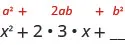 The perfect square expression a squared plus 2 a b plus b squared is shown above the expression x squared plus 2 times 3 times x plus an unknown value to help compare terms.