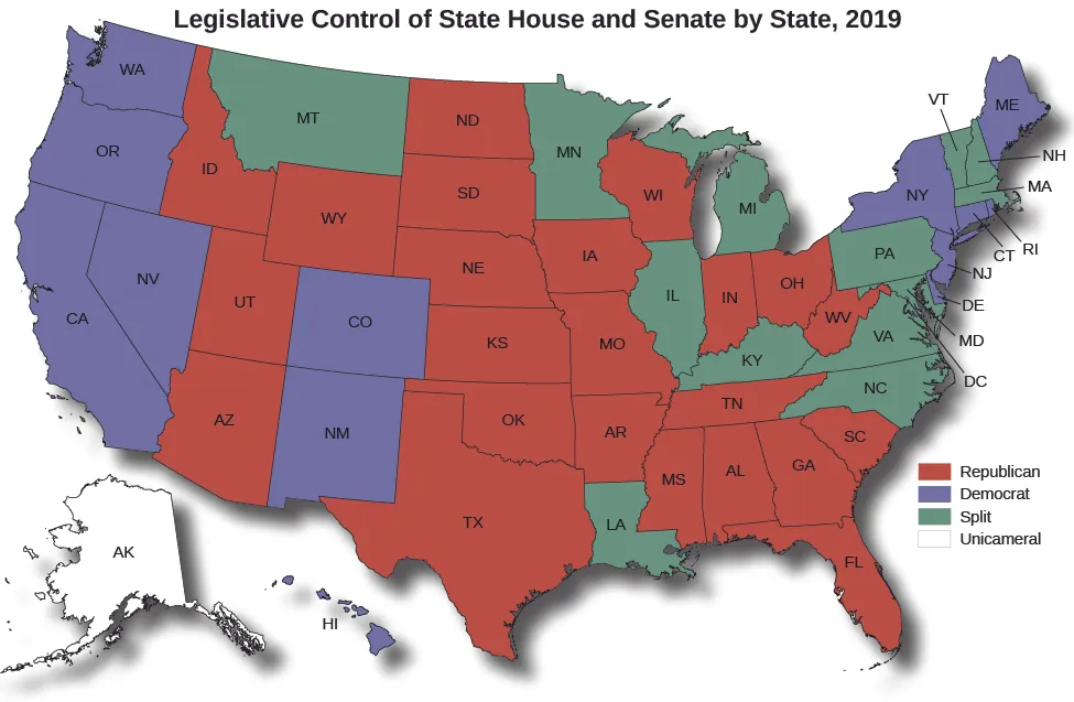 A map shows legislative control of state house and senate by state as of 2019. California, Hawaii, DC, Delaware, New Jersey, Connecticut, and Rhode Island are marked Democrat. Montana, Louisiana, Michigan, Illinois, New Hampshire, Vermont, Minnesota, Indiana, Kentucky, Virginia, Massachusetts, Pennsylvania, Maryland, and North Carolina are marked Split. Alaska is marked as unicameral.