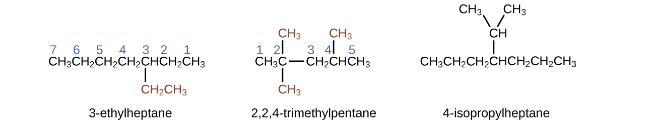 This figure shows structures of 3 dash ethylheptane, 2 comma 2 comma 4 dash trimethylpentane, and 4 dash isopropylheptane. The 3 dash ethylheptane structure shows C H subscript 3 C H subscript 2 C H subscript 2 C H subscript 2 C H C H subscript 2 C H subscript 3. Under the C atom labeled 3, is a bond to C H subscript 2 C H subscript 3 which appears in red. The C atoms are labeled 7, 6, 5, 4, 3, 2, and 1 from left to right. The 2 comma 2 comma 4 dash trimethylpentane structure shows C H subscript 3 C bonded to C H subscript 2 C H C H subscript 3. The C atoms are labeled 1, 2, 3, 4, and 5 from left to right. The C atom labeled 2 has a C H subscript 3 bonded above it and below it. The C H subscript 3 groups both appear in red. The C atom labeled 4 has a bond above it to C H subscript 3. The C H subscript 3 group appears in red. The 4 dash isopropylheptane structure shows C H subscript 3 C H subscript 2 C H subscript 2 C H C H subscript 2 C H subscript 2 C H subscript 3. From the fourth C counting from left to right, there is a C H group bonded above. Bonded up and to the right and and up to the left of this C H group are C H subscript 3 groups.