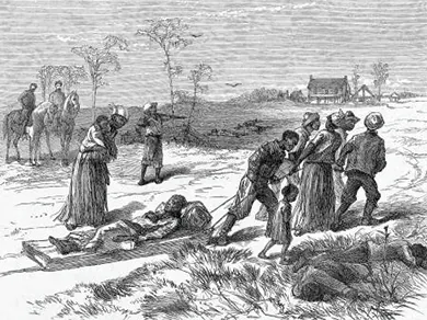 An illustration of the Colfax Massacre shows survivors tending to those involved in the conflict. The dead and wounded all appear to be Black, and two White men on horses watch over them. Another man stands with a gun pointed at the survivors.