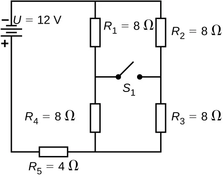Ujemny zacisk 12 V źródła napięcia jest połączony z dwiema równoległymi gałęziami, jedna z opornikiem R ze znakiem 1 wartości 8 Ω szeregowo z opornikiem R ze znakiem 4 dla 8 Ω i druga z R ze znakiem 2 dla 8 Ω szeregowo z R ze znakiem 3 dla 8 Ω. Gałęzie są podłączone razem do opornika R ze znakiem 5 wartości 4 Ω. Otwarty przełącznik jest połączony z dwiema gałęziami w ich środku. 