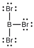 Esta estructura de Lewis está compuesta por un átomo de boro unido por enlace simple a tres átomos de bromo, cada uno de los cuales tiene tres pares solitarios de electrones.